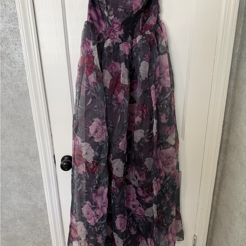 Lulu's Strapless Floral Gown in Black and Purple